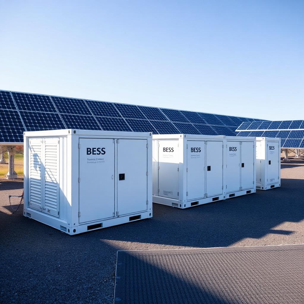 Λευκά containers BESS δίπλα σε φωτοβολταϊκά panels